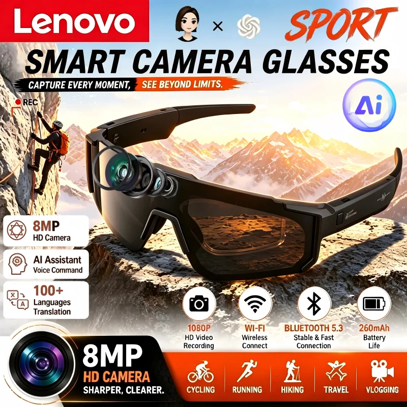 Lenovo Smart AI Glasses 8MP Anti-shake Camera Cycling Video&Photo Chat GPT Sport Sunglasses Dual Mic Windproof Goggles 2027 New