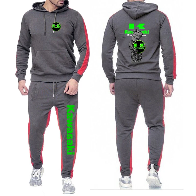 

Men Women Hoodies Suit Kawasaki Motorcycle Graphic Print Fashion Casual Two-piece Set Men Spring Autumn Hoodies+Sports Pants 666