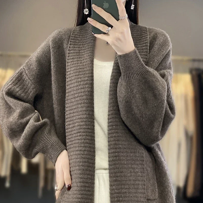 2023 Winter/ Autumn New Fashion 100% Wool Cardigan Women\'s Long Sleeve Knit Jacket Coat Female Loose Large Size Thicken Sweater