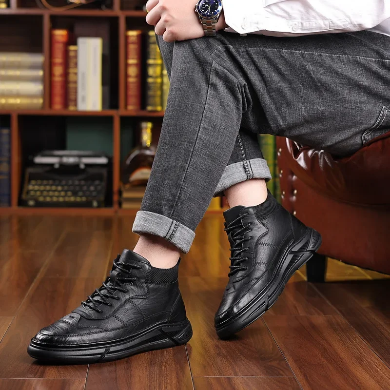 الشتاء الرجال أحذية البقر الأحذية الجلدية عالية قمم عارضة أحذية الشارع بارد الدافئة أفخم حذاء من الجلد #5