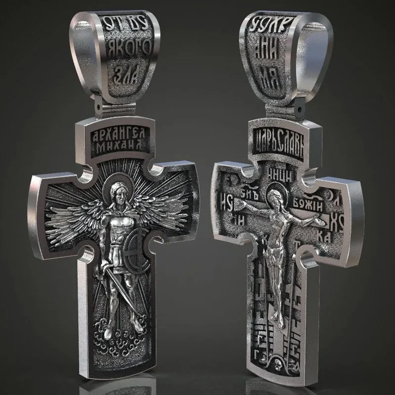 Colgante de plata de ley 925 personalizado, cruz grande de 2 caras, Jesús, Cristo y Arcángel Miguel, 15g