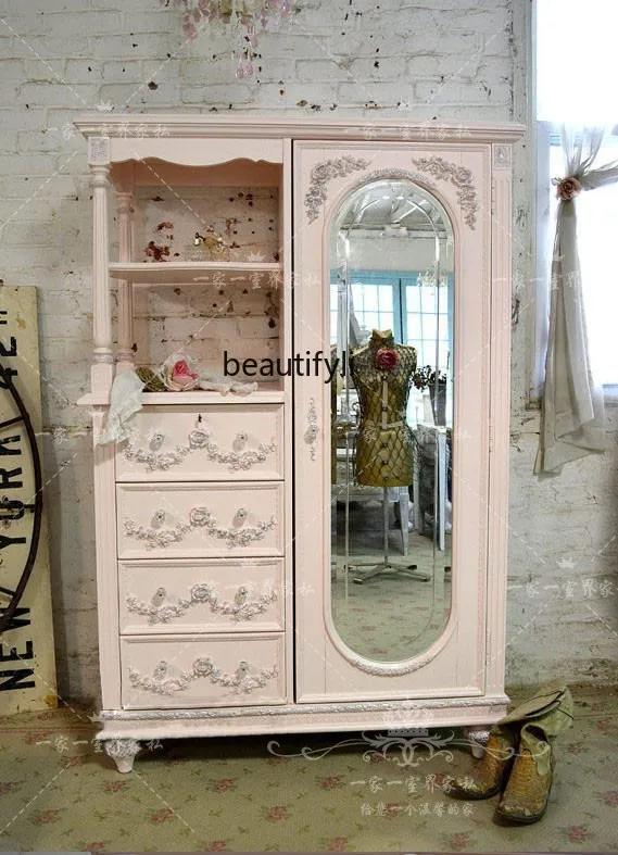 American country solid wood wardrobe French retro old solid wood carving flower storage cabinet