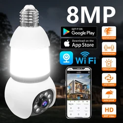 Bombilla de lámpara de 8MP, cámara WiFi, bombilla LED E27, cámara IP inteligente, vigilancia, Audio bidireccional, visión nocturna en Color 360 °   Seguimiento panorámico de IA