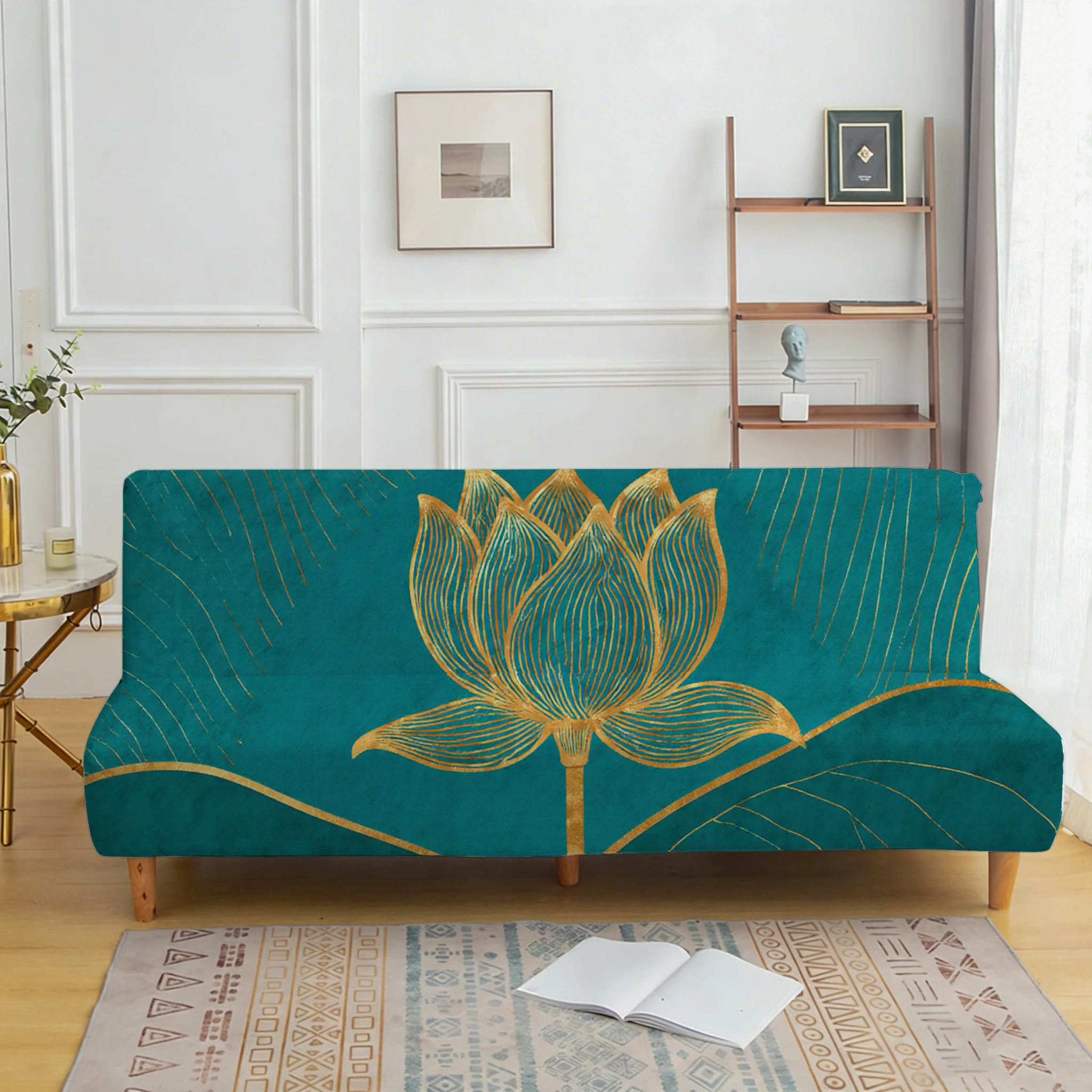 Peacock blue gold thread lotus flower sofa bedspread, elastic armless sofa cover, dust-proof furniture protective cover