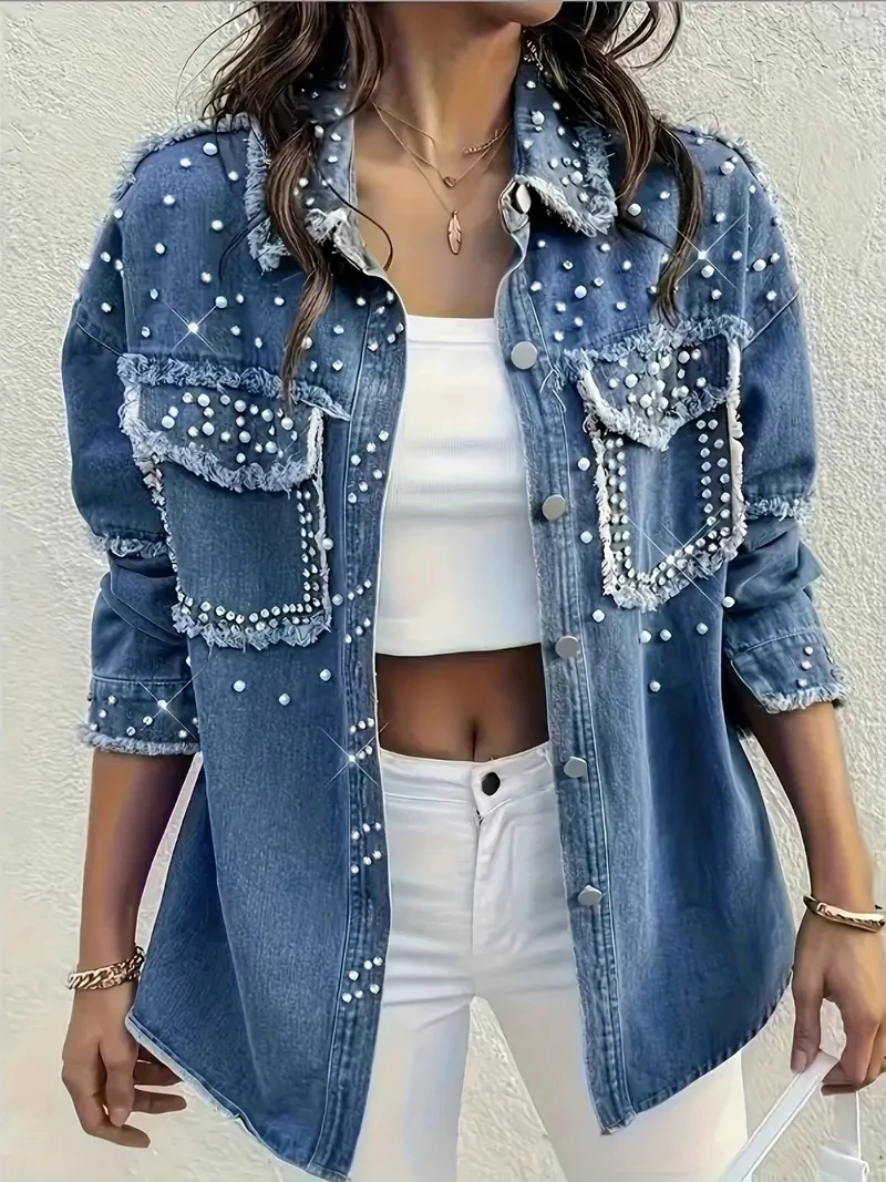

25AW Diamond Pearl Women's Large Diamond Pearl Decorated Denim Top Washed Denim Jacket Fashion Casual Denim Jacket