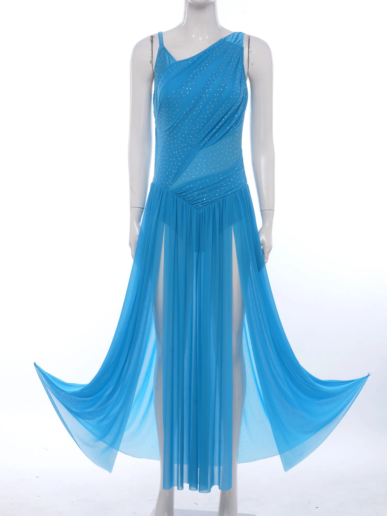 Women Lyrical Dance Dress Modern Dancing Skating Gymnastics Acrobatics Costume Sleeveless Shiny Rhinestones Mesh Leotard Dresses