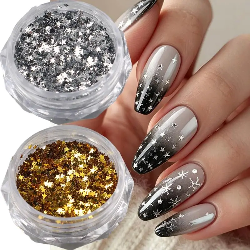 2 Boxes 3D Sparkle Star Nail Art Sequins Shiny Gold Silver Pentagram Manicure Decor for Professional Nail Salons