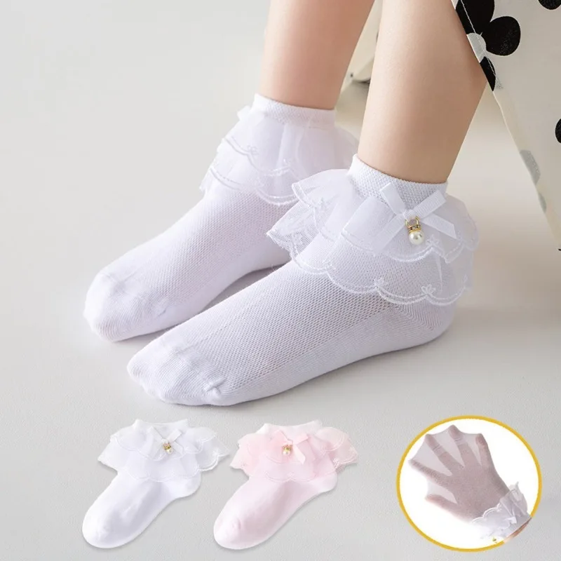 

S-XL Cute Bowknot Girls White Cotton Lace Socks Children Spring Summer Breathable Princess Latin Dance Kid Ruffle Low Tube Socks
