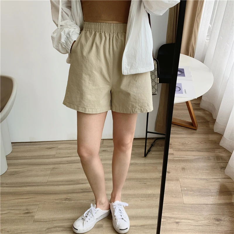 

Широкие брюки с высокой талией для женщин, летние, свободные, стройнящие, простые, универсальные, А-силуэт, для студентов, короткие брюки, японский стиль, рабочая одежда