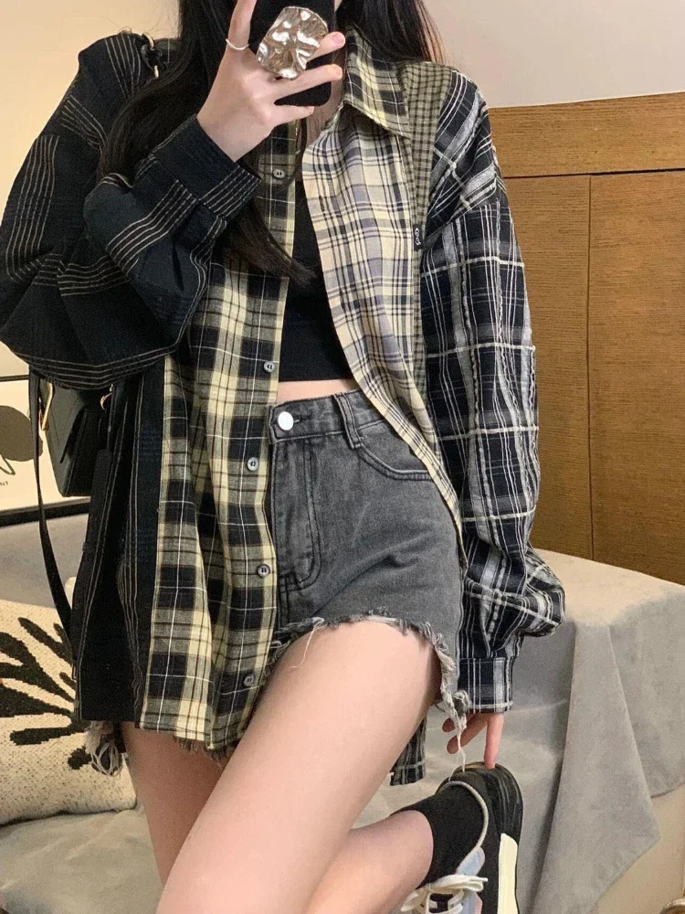 American High Street Blouses Plaid Turn Down Collar Long Sleeve Shirts Spring Harajuku Vintage Y2k Casual Loose Women\'s Clothing