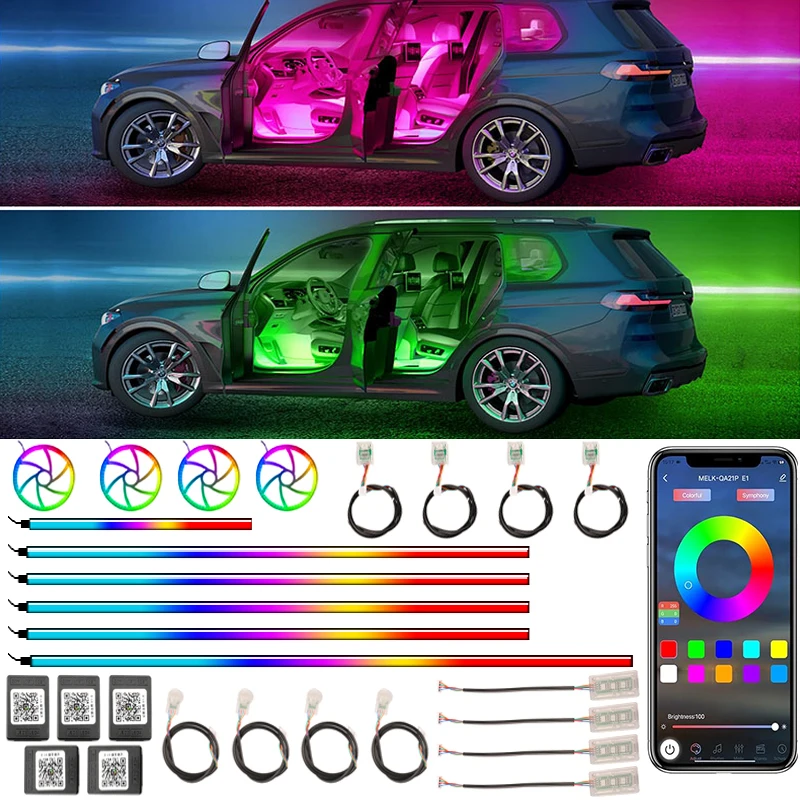 

Универсальная автомобильная атмосфера 64 RGB светильник App управление Авто Интерьер Красочная радуга симфония окружающей среды лампа полоса акриловая фотолампа 22 в 1