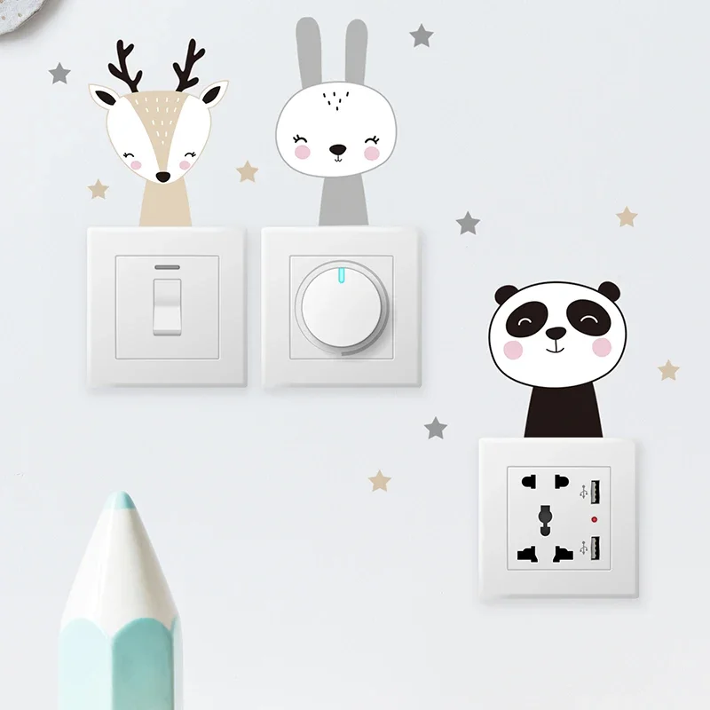6pcs boho colorful cute animal smile switch stickers, nursery & kids room wall decor 5