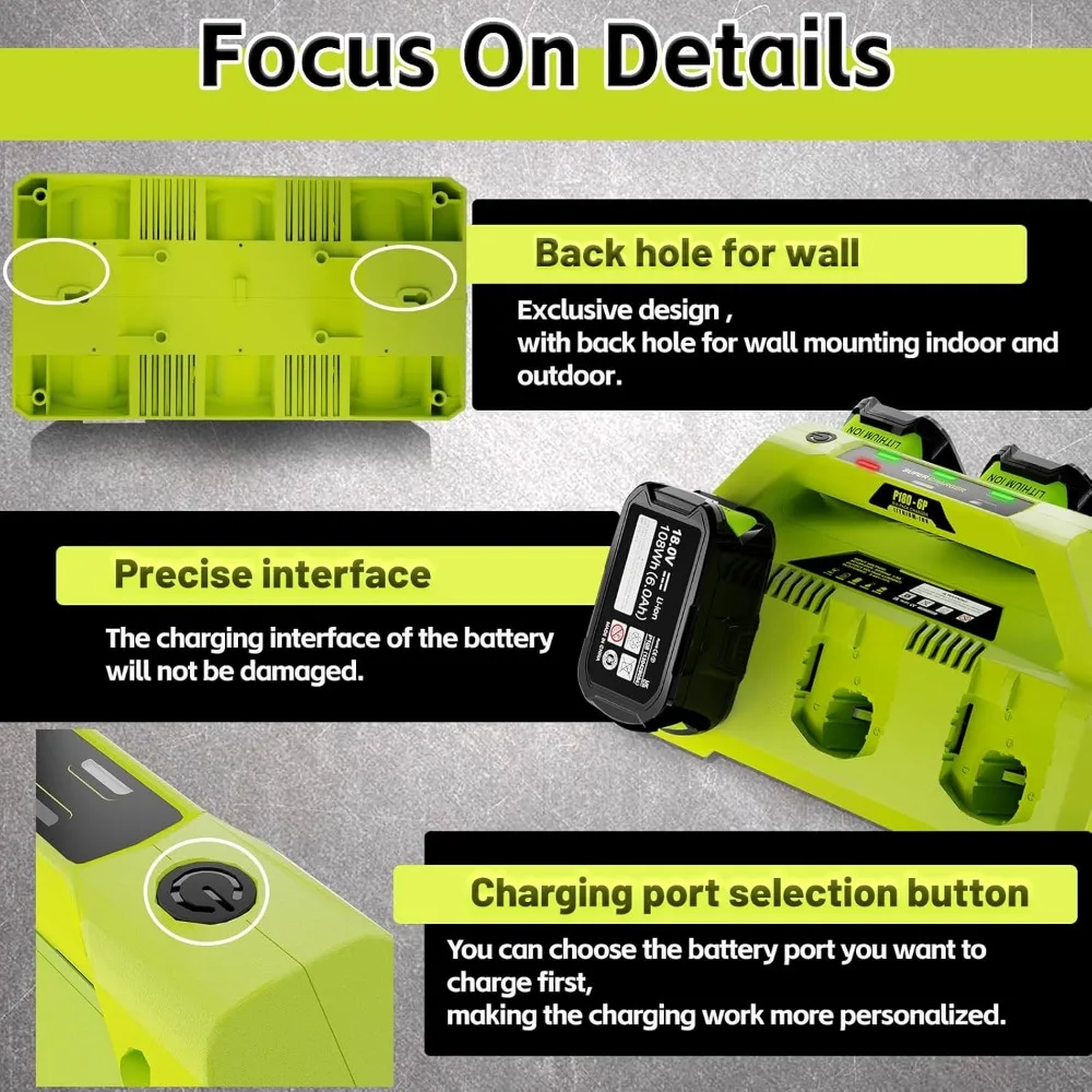 【 Wall-hole】 Replace 6 Port Chrager for Ryobi 18V Lithium-Ion Charger Fast Charge with Power Choose Button,6 LED Indicators