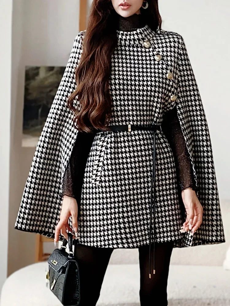 French Elegant Temperament Gold Button Plaid Belt Slim Fit Knit Cape Jacket Coats Women Autumn