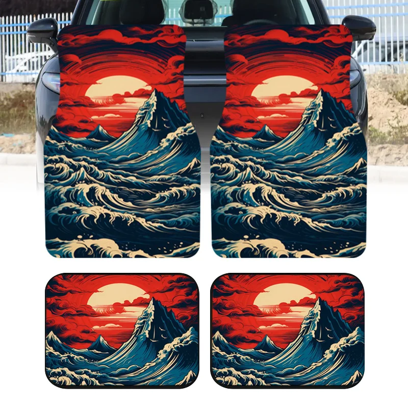 4 Pcs Car Floor Mats With Japanese Ukiyo-e Style Sea Wave Sunrise Pattern For Car Interior Decoration