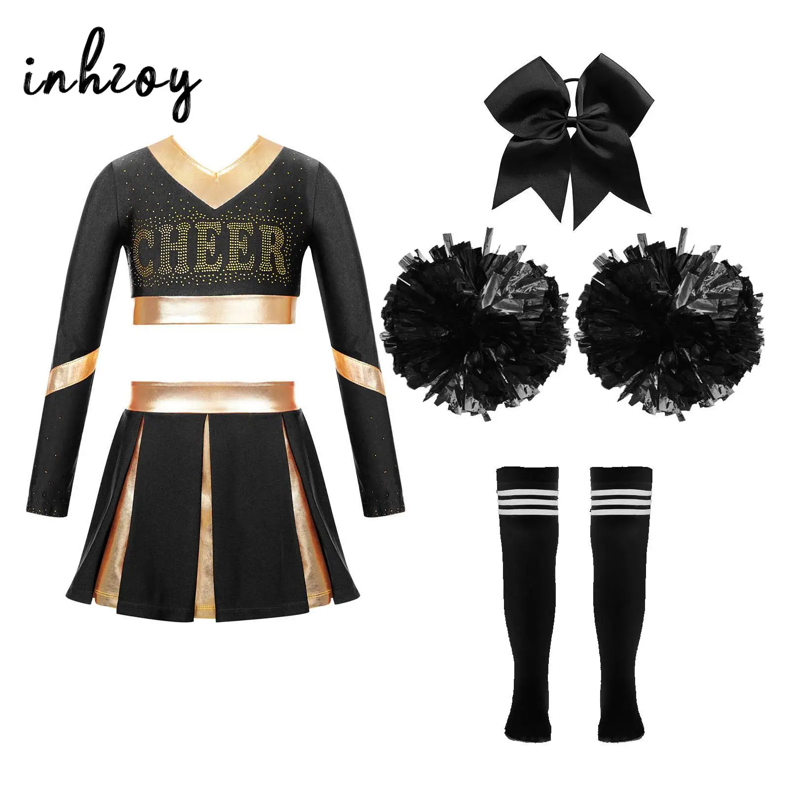 เด็กสาวเชียร์ลีดเดอร์เครื่องแต่งกายนักเรียนเชียร์ลีดเดอร์ชุด Pompoms ถุงน่องผมชุด Carnival Party Dance Wear