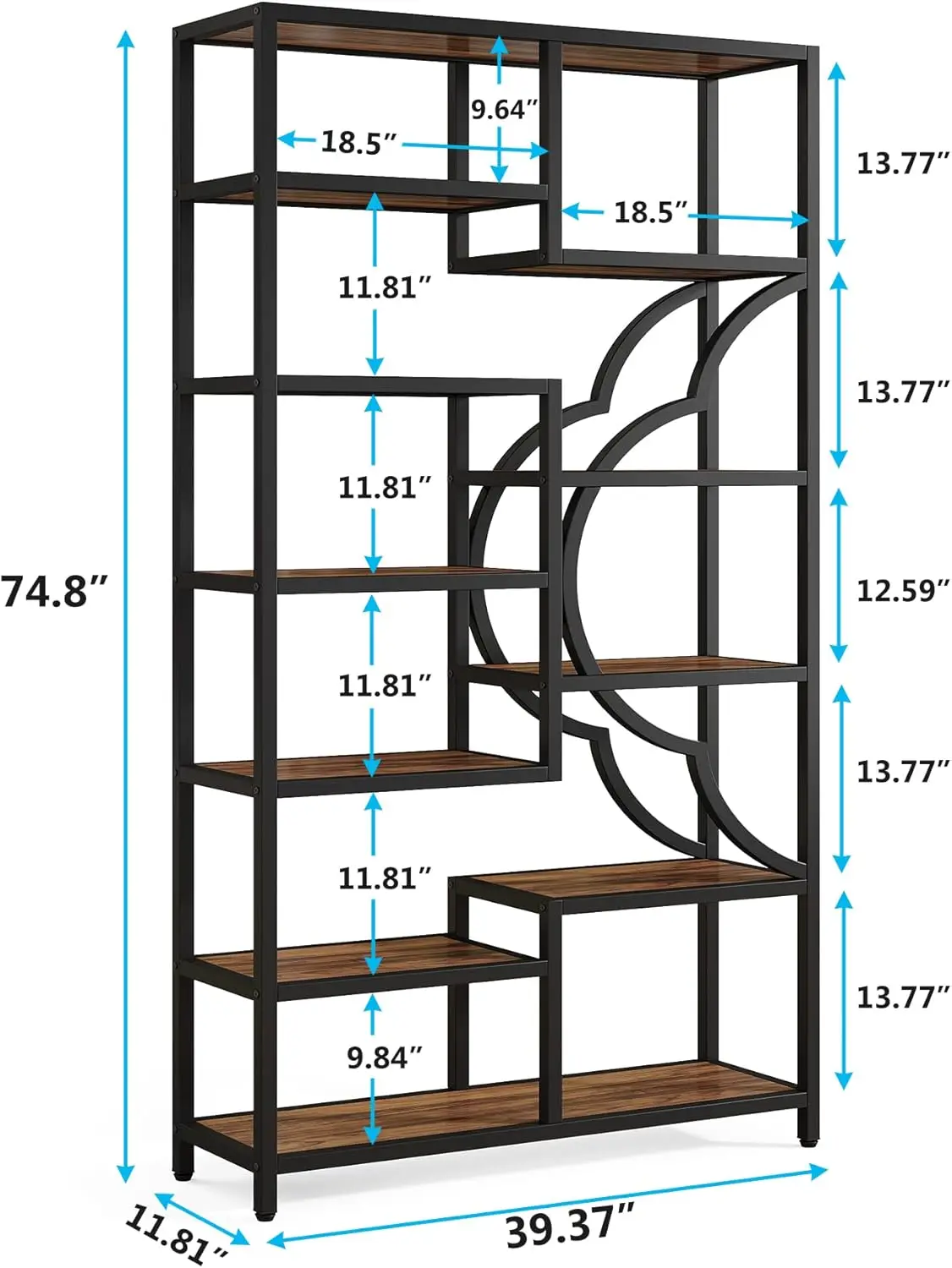 Tribesigns Bookshelf, 11-Shelves Tall Bookcase With Unique Arc-Shaped Design, Industrial Etagere Display Storage Shelves For