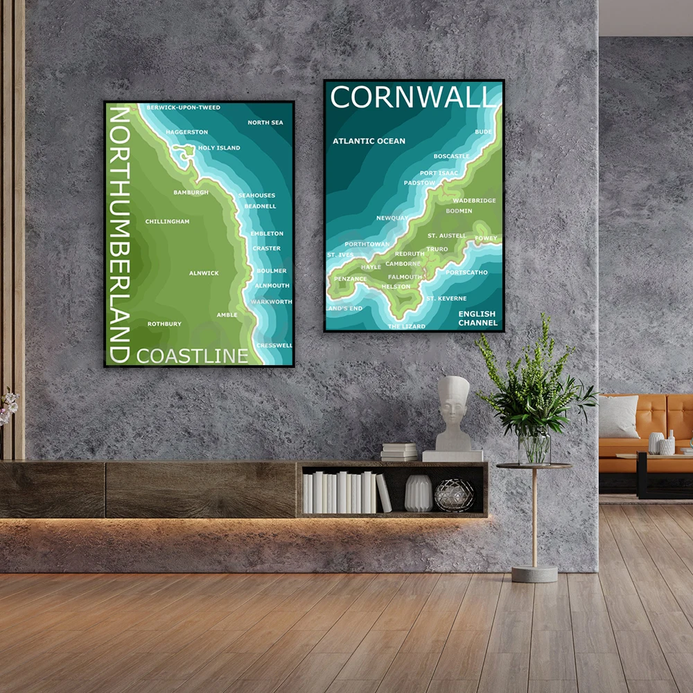 Northumberland, Cornwall coastline art print, North East England, South West travel map, minimalist coastline poster