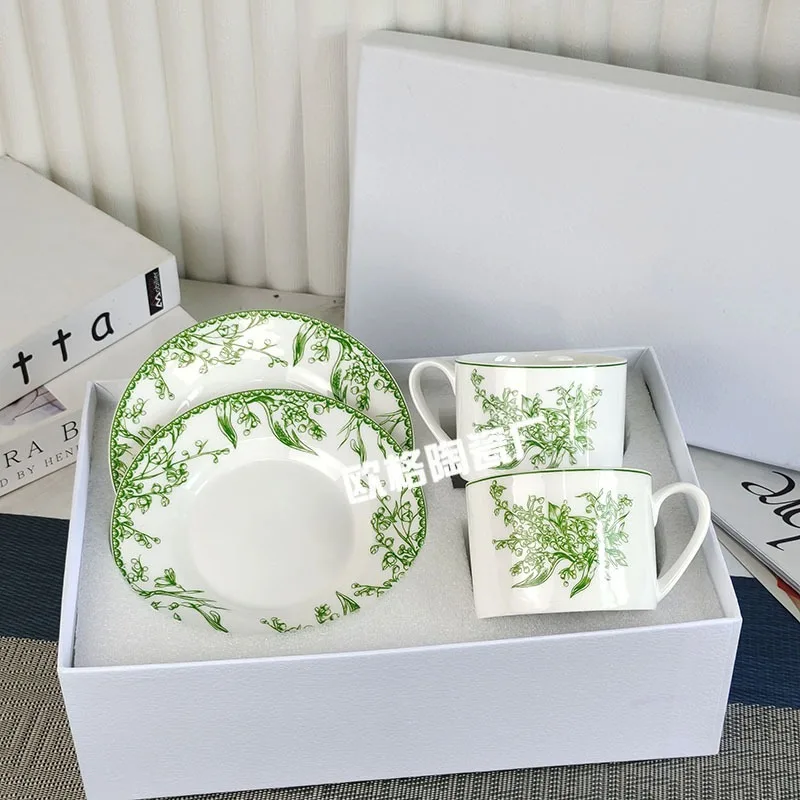 

European - Style Lily - of - the - Valley Bone China Coffee Cup Set 2 Cups 2 Saucers Gift Box Exquisite Afternoon Tea Ware