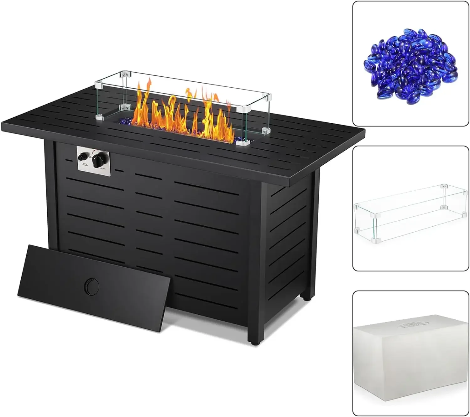 

R.W.FLAME 43"Fire Pit Table,Propane Fire Pit Table with Blue Glass Rocks and Tempered Glass Wind Guard.Outdoor Fire Pit with Lid