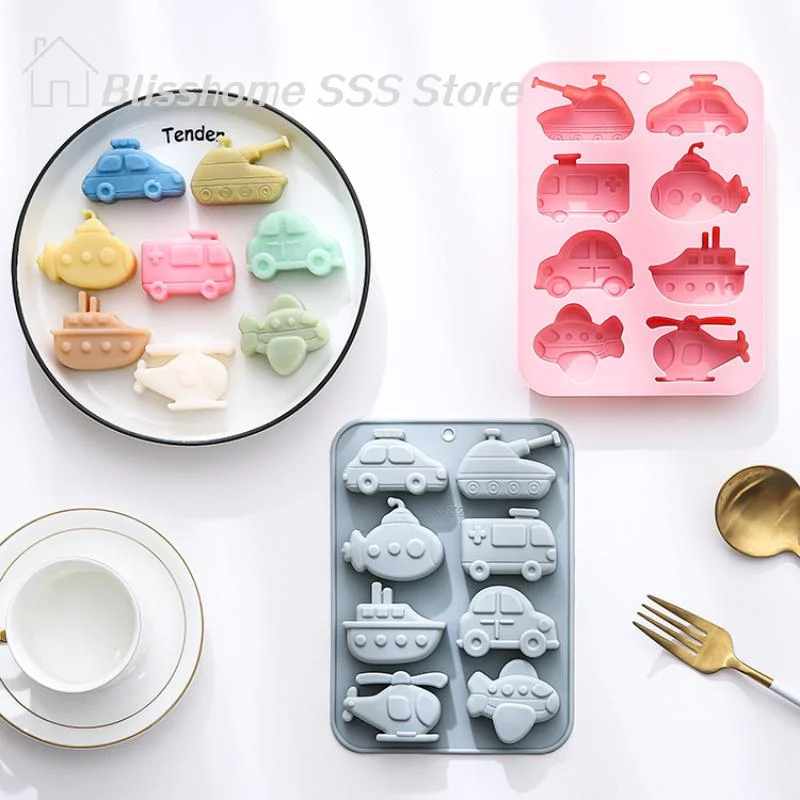 【S】8 Cavity Transportation Theme Silicone Molds Car Airplane Ship Shaped Candy Mold Candy Chocolate Baking Accessories