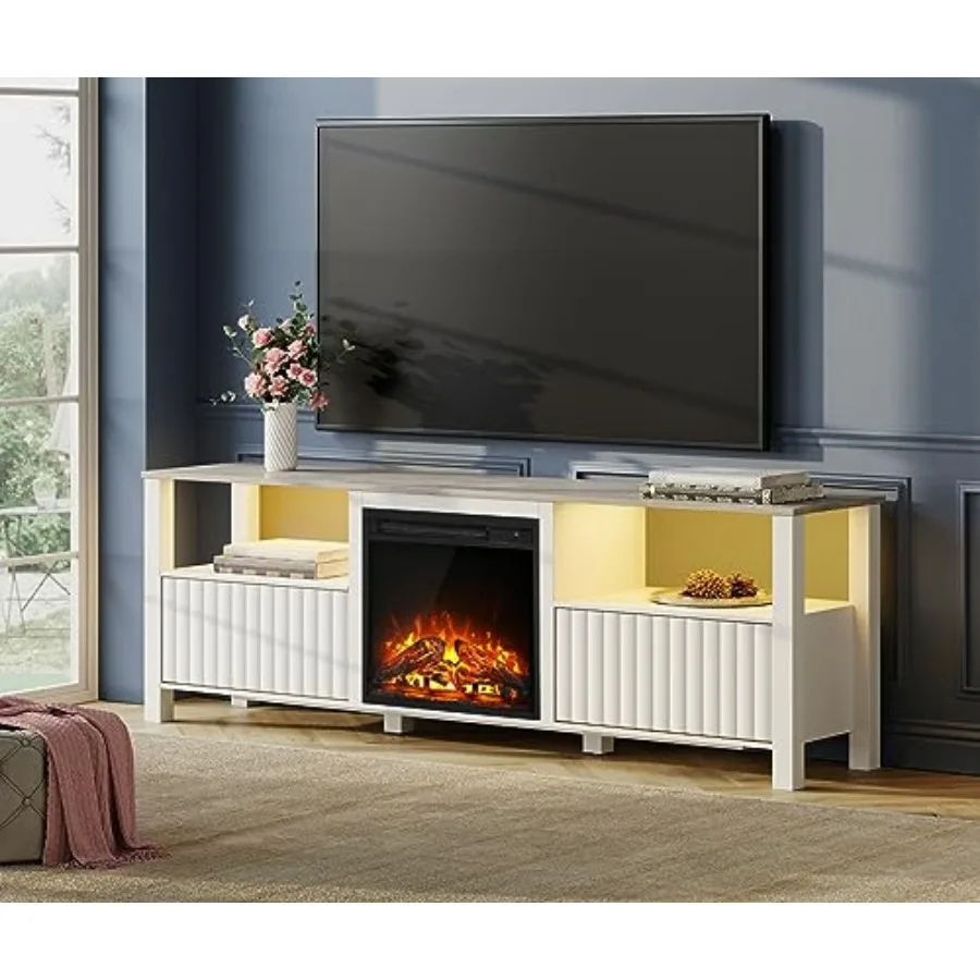 WAMPAT-Soporte de TV con chimenea eléctrica para TV de 75 pulgadas con luz LED, mesa consola de TV blanca con inserción de chimenea de 18 pulgadas, Ente de madera