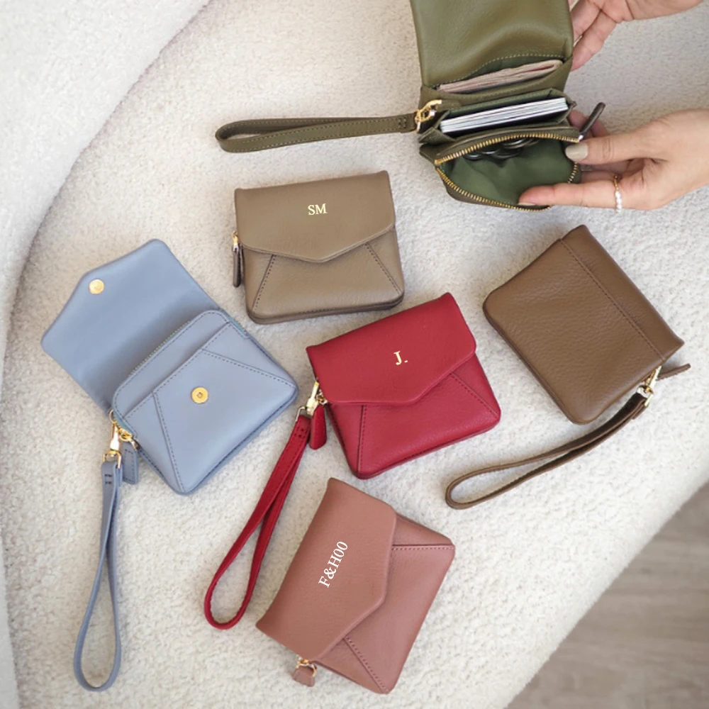 Genuine Leather Mini Wallet With Sttap Custom Name Small Short Coin Card Wristlet Wallet Persoanlize Letters Organizer Pouch