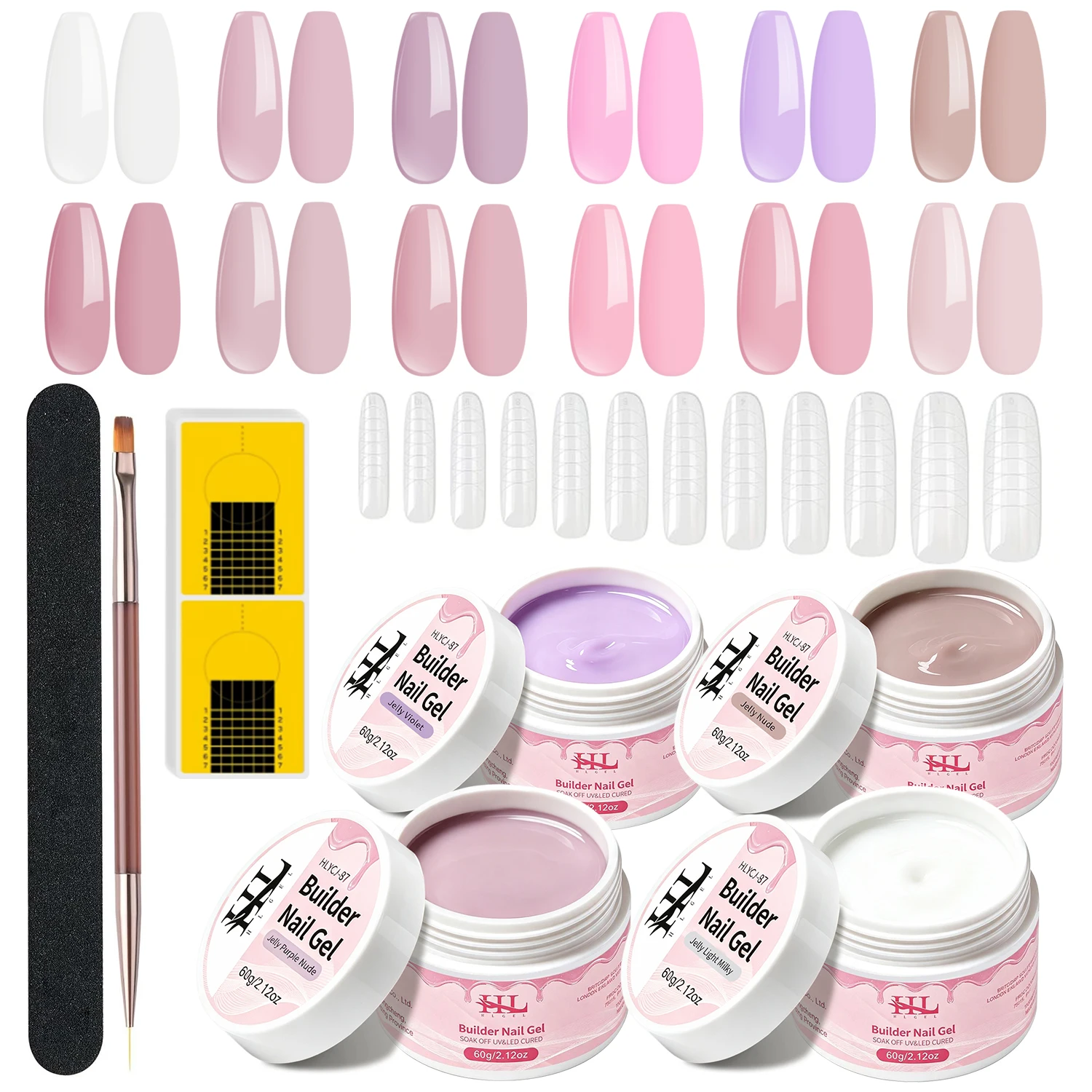 Jelly Nude Builder Nail Gel Set Hard Sculpting Gel for Nail Extension & Nail Strengthening,with Nail Forms, Dual-ended Brush