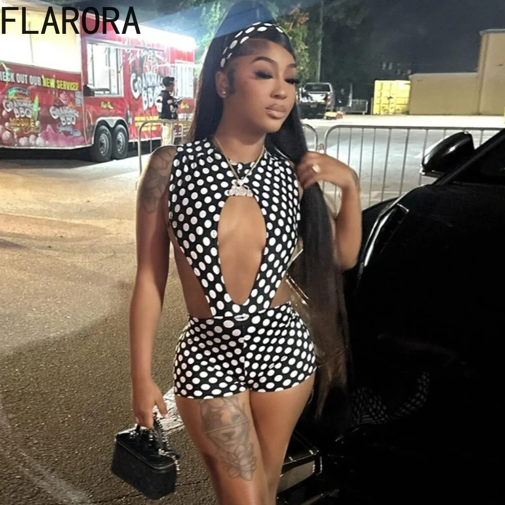 

FLARORA Sexy Polka Dot 2 Piece Sets Woman Side Split Sleeveless Bandage Bodysuit+Shorts Matching Hipster Party Clubwear Suits
