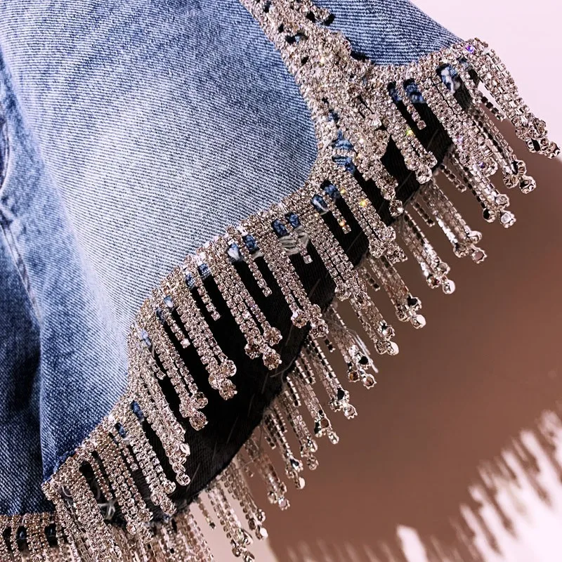 SUSOLA Rhinestone Fringed High Waist Denim Shorts Flash Wimen's High-end Diamond Tassel Short Jeans Hot Pants