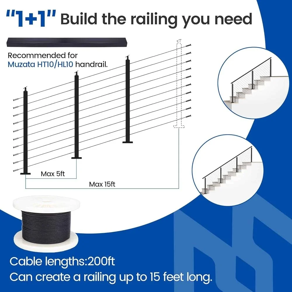 10-15ft Modular 36in Stair Cable Railing Post Kit Complete Set with Swageless Wire Rope Black Stainless Steel Posts and