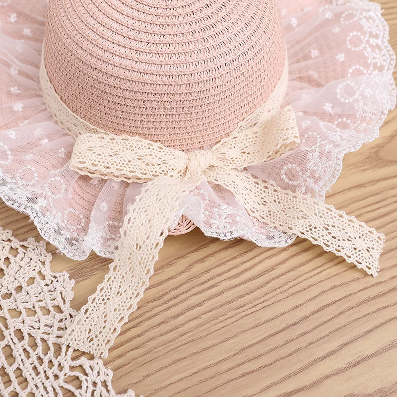 Sombrero de paja y bolso de hombro para niñas, gorra de cubo de playa a la moda de verano, sombreros de sol de playa de encaje de ala ancha para