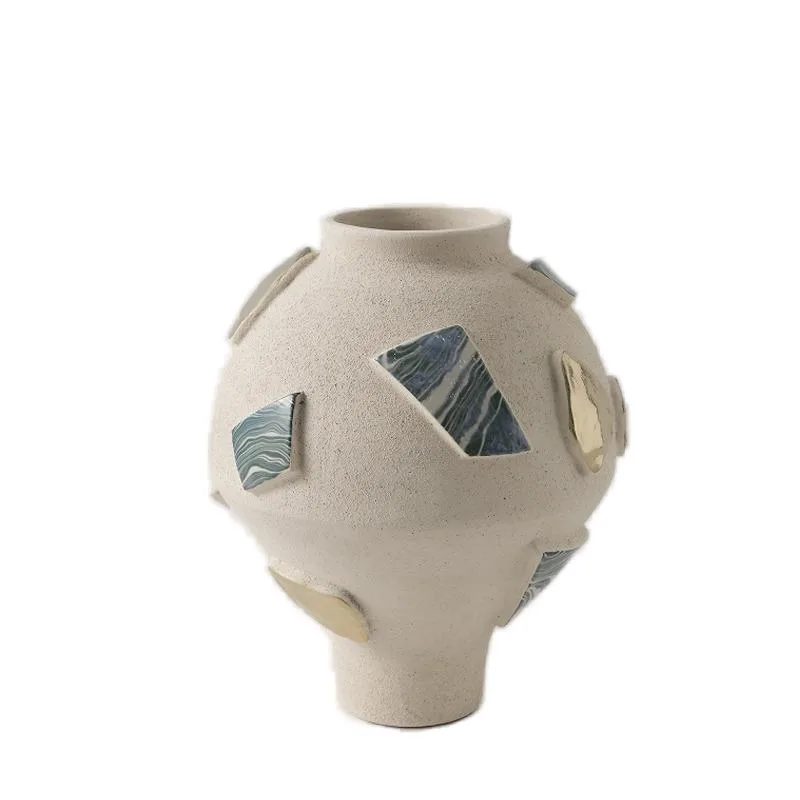 Simple wabi-sabi wind handmade ceramic vase, model room, homestay geometric patch, entrance flower arrangement,