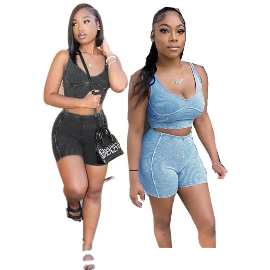 

Round Neck Sling Vest Sleeveless Women Solid Sheath Slim Fit High Waist Short Pants Set Regular Casual Two Piece Sets 2023