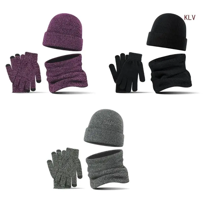 

Unisex Knit Hat Scarf Gloves Set for Winter Season Loop Scarf Non-Slip Gloves Warm Hat Scarf Gloves Combo Solid Color 6XDA