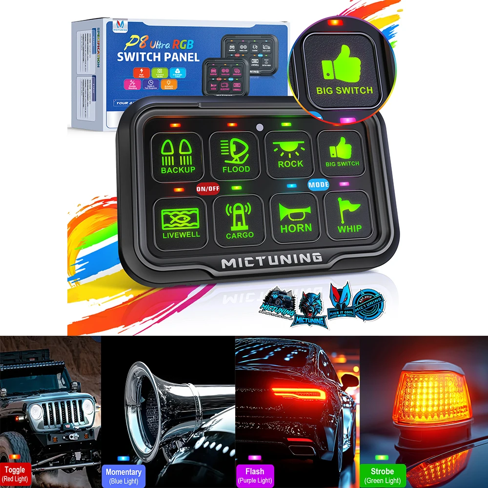 MICTUNING New Version 8 Gang Switch Panel  P8-Ultra, Universal Circuit Control Relay System Box with Dimmable LED Touch Controls