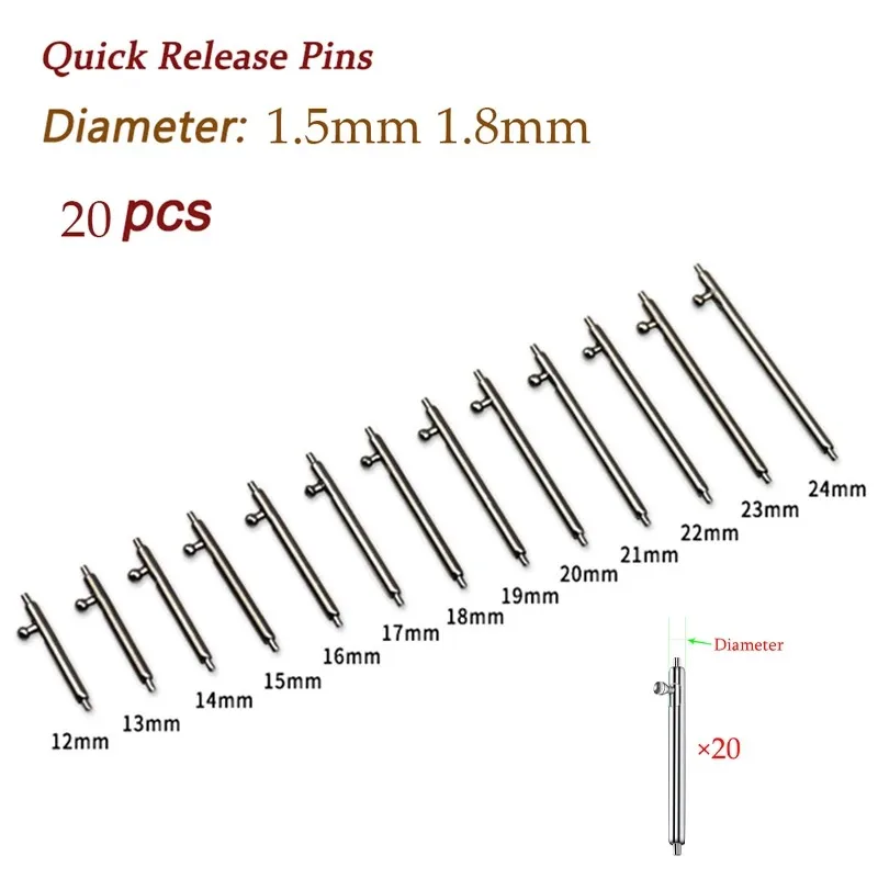 12 13 14 15 16 17 18 19 20 21 22 24mm Quick Release Strap Link Pin 20pcs Watch Band Full Stainless Steel Spring Bars 1.5mm 1.8mm