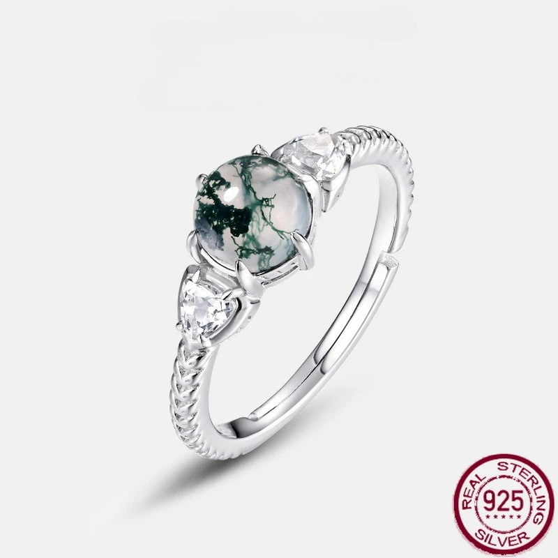 

New S925 Pure Silver Green Moss Six Claw Inlaid Water Grass Agate Open Finger Ring Fashion Wedding Jewelry