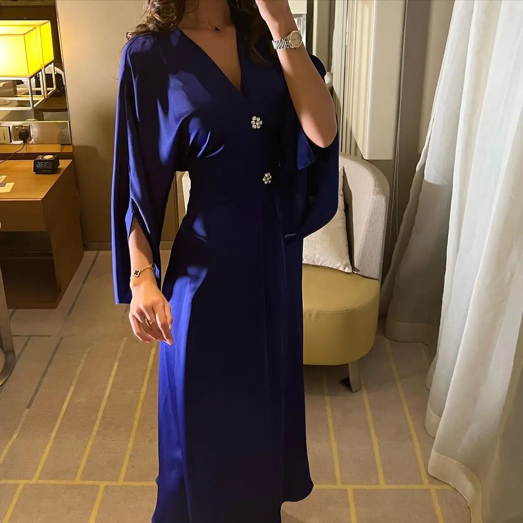 Jirocum V Neck Lace Up Evening Dress Elegant Women 2024 New Party Prom Gowns Slit Sleeves Saudi Arabia Formal Occasion Gown Robe