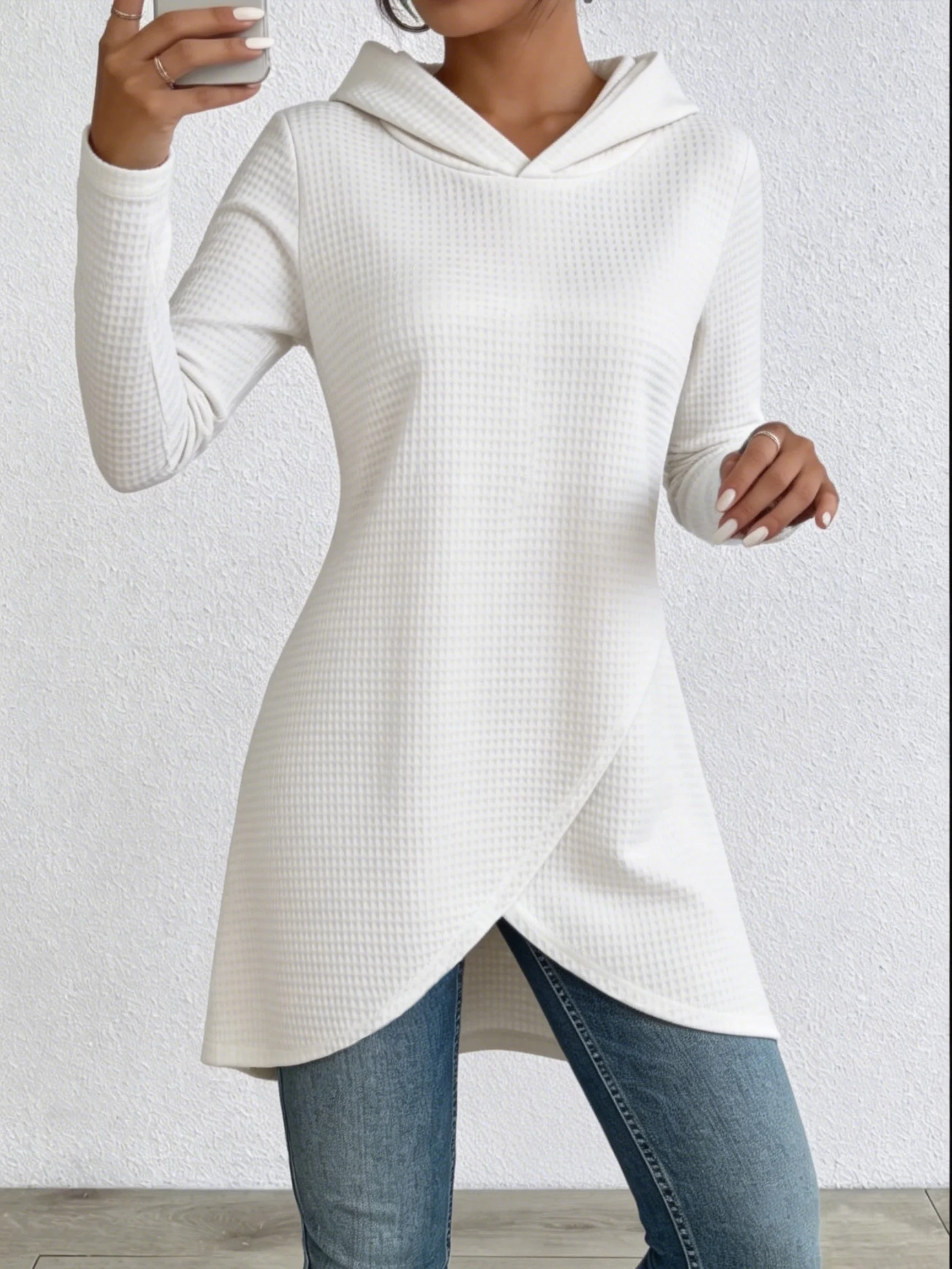 Ladies' fashionable, casual, elegant temperament, skin friendly Waffle solid color hooded women's top
