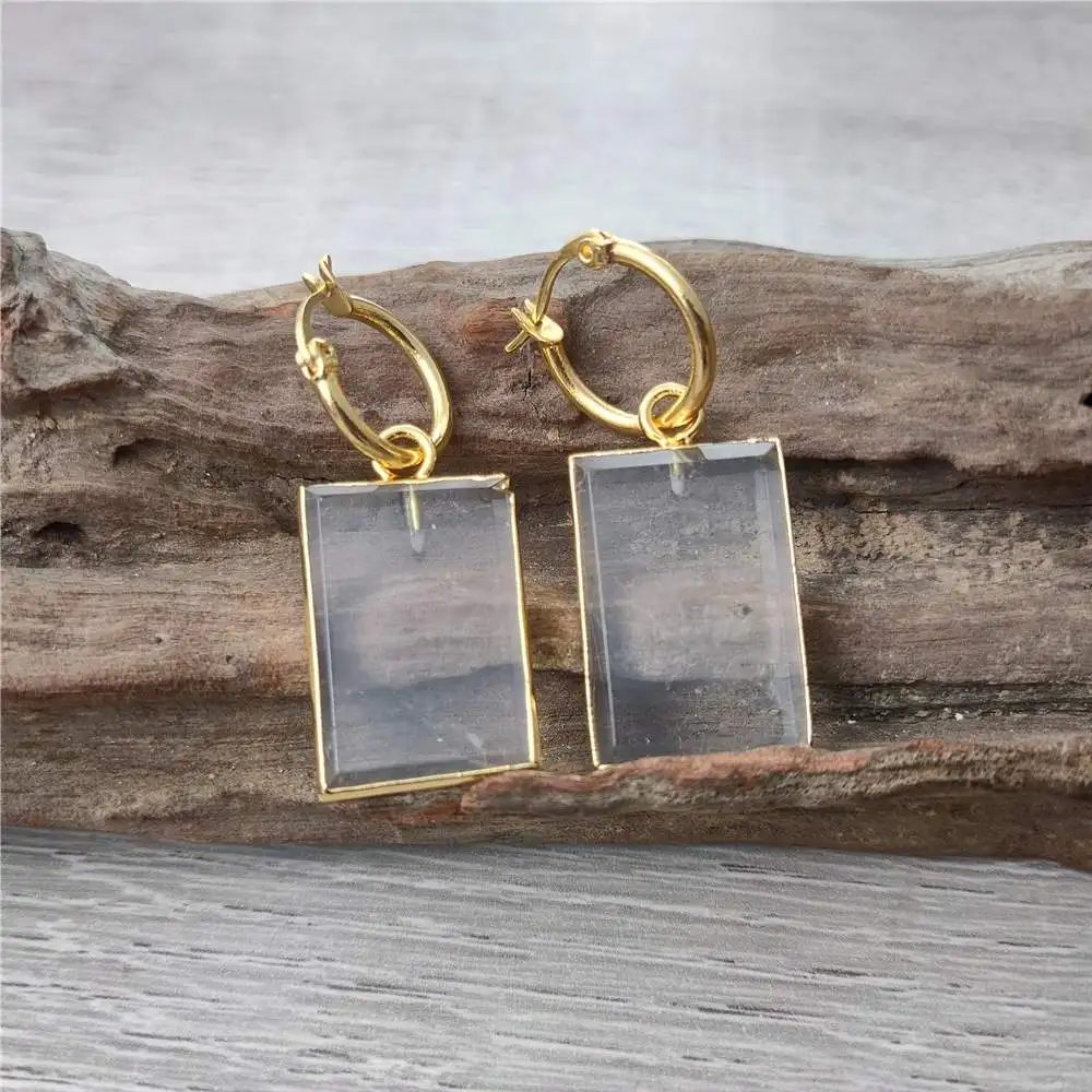 FUWO Rectangle Clear Quartz Hoop Earrings,Elegant and Sophisticated Jewelry for Every Occasion ER431 5Pairs/Lot