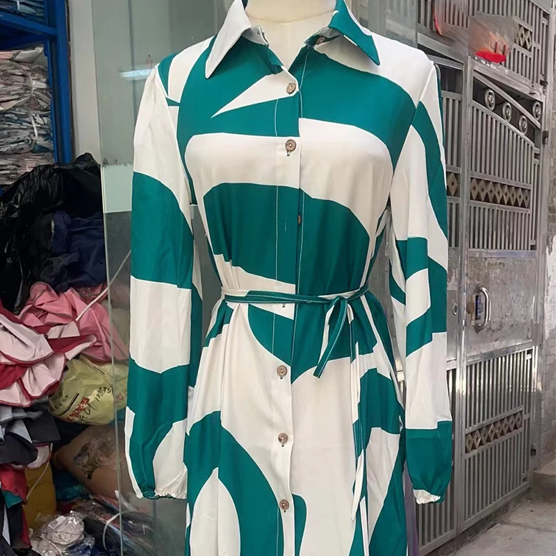 Wiosna Jesień Długa sukienka damska z kołnierzykiem Elegancki nadruk Jednorzędowa sukienka Sundress Casual Sukienki z długim rękawem Spódnica