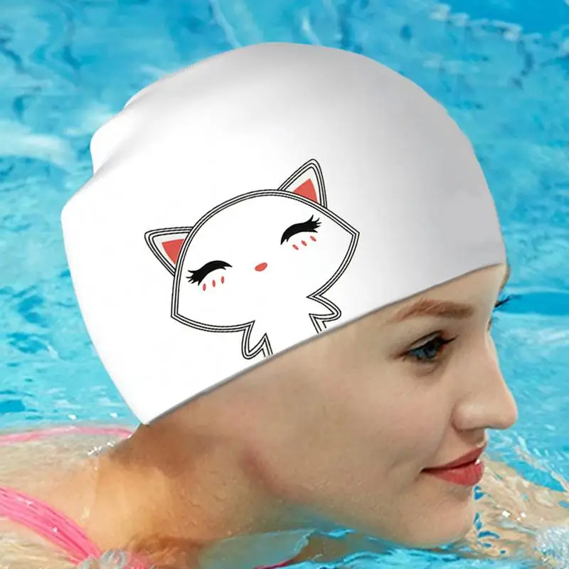 

Silicone Swimming Cap with Cat Pattern Waterproof Swim Pool Cap Flower Printed Ears Protect Diving Hat for Long Hair Adult Women