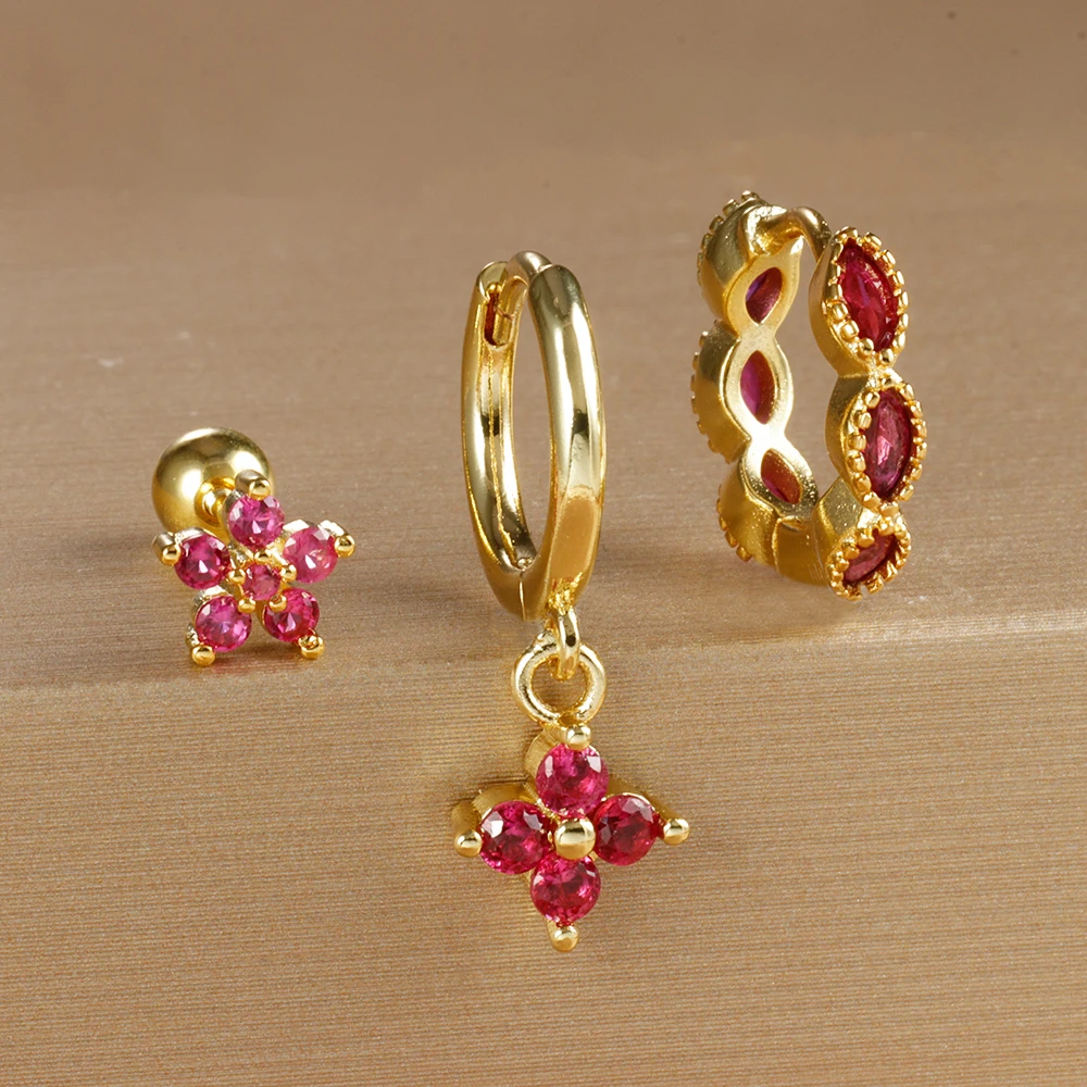 3PCS Gold Plated Lightning Flower Chain Drop Earrings Set for Woman Stainless Steel Zircon Dangle Earring Piercing Jewelry