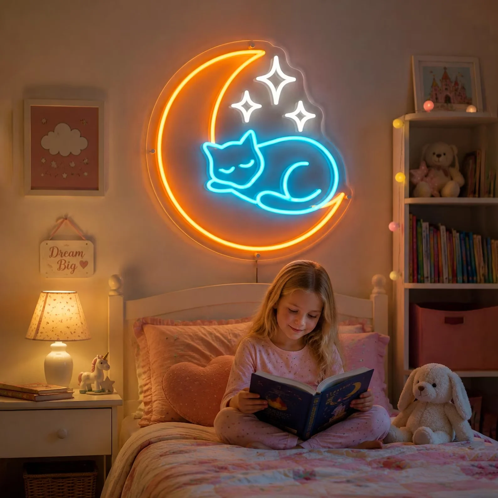 Cat Moon Neon Sign,Sleeping Kitty Neon,Celestial Bedroom Decor,Cute Cat Wall Art,Kawaii Room Decor,Gift For Cat Lover/Daughter