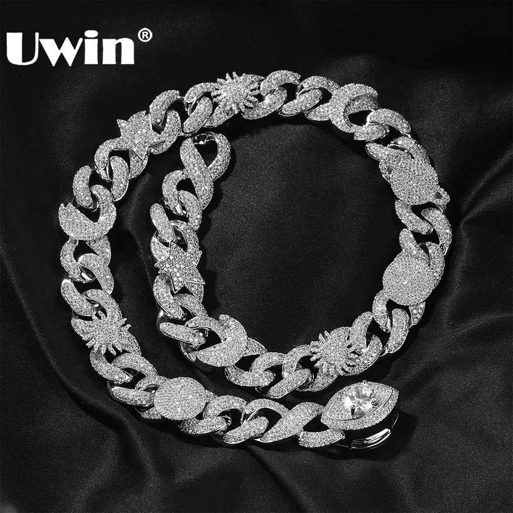 

UWIN Iced Out 16mm Cuban Chain Necklace with CZ Star/Moon/Sun/Eye Pave Setting Cubic Zirconia Fashion Jewelry for Gift