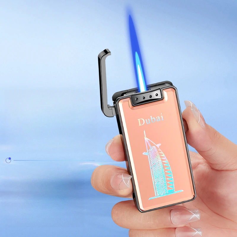 New Portable Windproof Blue Flame Lighter with Aurora Pattern High-Aesthetic Straight-Forward Design Dazzling Gift Item