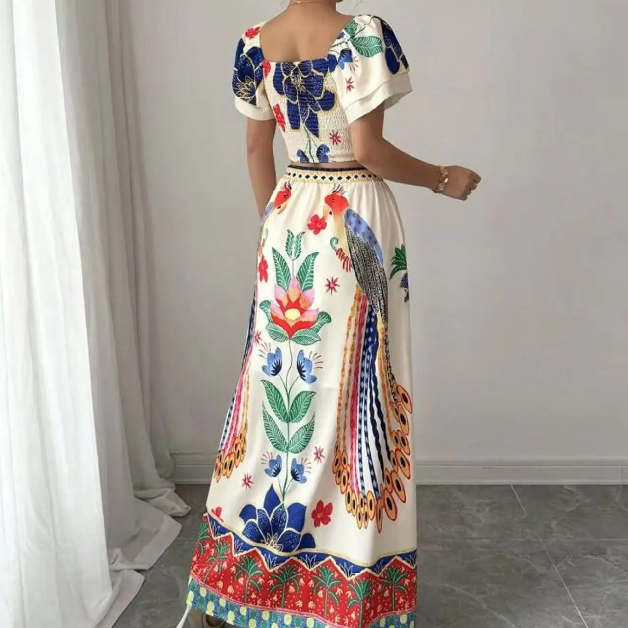 2025 novo verão floral impressão casual vaion feminino ort sve topo saia longa faion conjunto redondo ne pulôver terno de duas peças