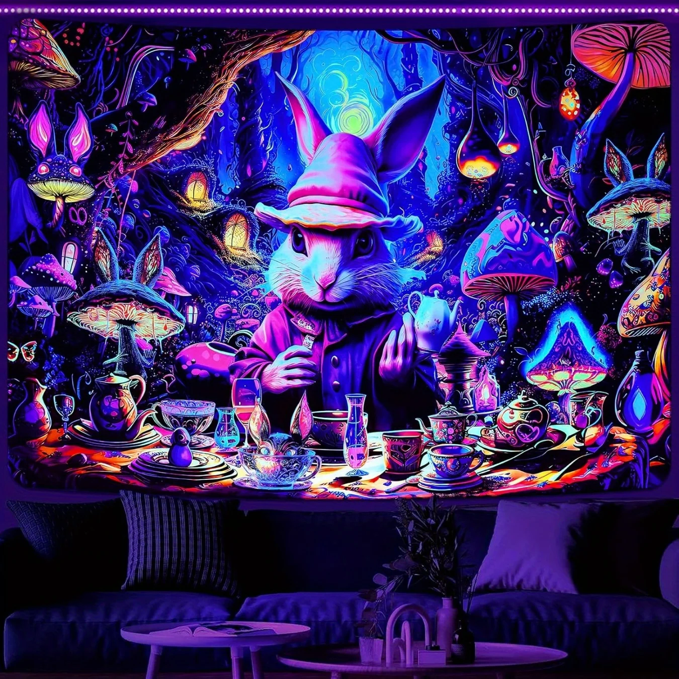 VIKAMA Fantasy White Rabbit Gentleman Alice In Wonderland نسيج غرفة النوم الغابات الفطر موضوع حائط الخلفية الديكور