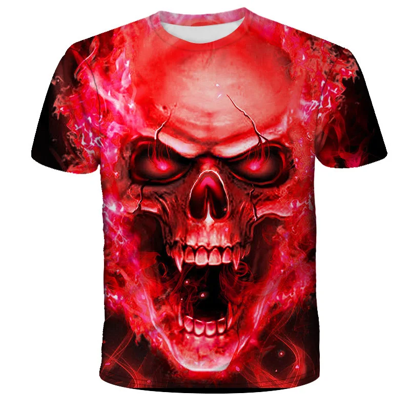 Summer Fashion New Red Flame Perspective Skull Full Print Short Sleeve Loose Dark Wind Speed Dry Men's T-shirt view 4